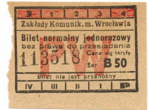 Bilet normalny jednorazowy. Zakł. Kom. m. Wrocławia, [po 1945 r. Ser. B50 PW]