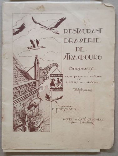 Menu/karta win/folder zamówienia – Restaurant Brasserie de Strasbourg, Bordeaux 1930/1937 r.