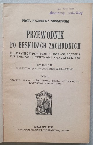 Sosnowski Kazimierz - Przewodnik po Beskidach Zachodnich i Pieninach, 1930