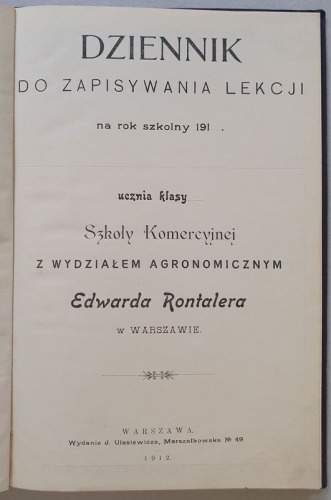 Dziennik do zapisywania lekcji na rok szkolny 1912.