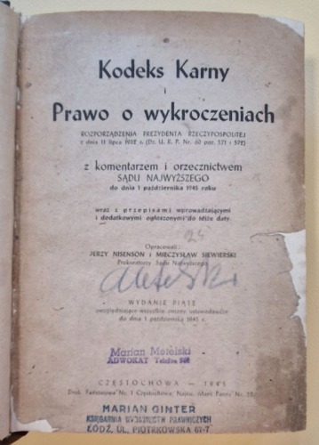 Nisenson J. i Siewierski M.- Kodeks Karny i Prawo o wykroczeniach, 1945