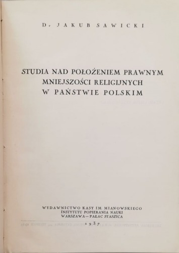 Sawicki Jakub, Studia nad położeniem prawnym mniejszości religijnych, 1937
