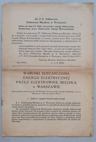 Warunki dostarczania energii elektrycznej przez El. Miejską [Warszawa, 1938]