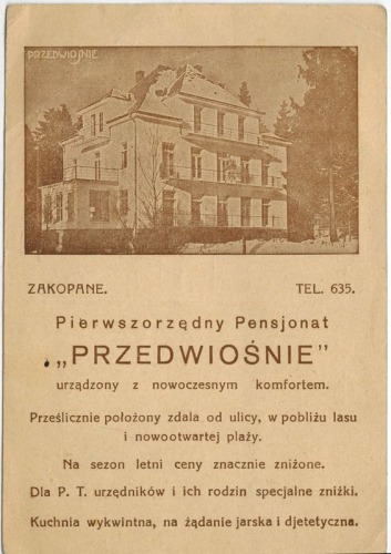 Zakopane. Pierwszorzędny Pensjonat „Przedwiośnie” [sprzed 1939?]