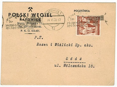 [List] Polski Węgiel Katowice z listem, z 14.VI.1939 [adresat: Rozen i Wiślicki S.A. w Łodzi]