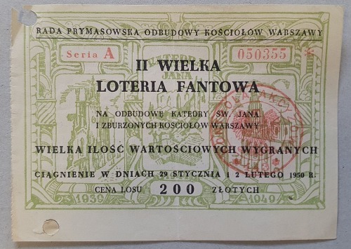 II Wielka Loteria Fantowa, na odbudowę katedry św. Jana, 1950