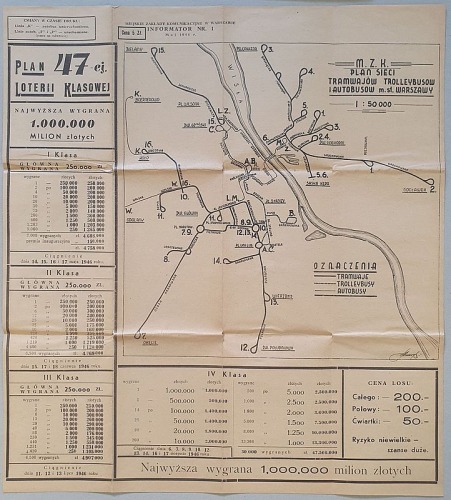 Plan sieci tramwajów, trolleybusów i autobusów m.st. Warszawy, 1946r.